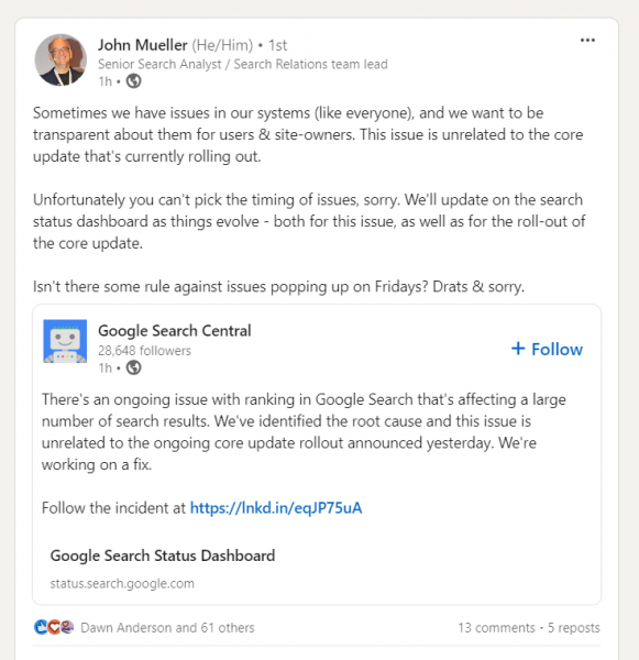 Google Ranking Glitch: Live Updates (Unrelated to August Core Update)